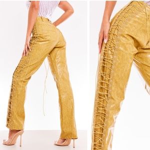 Mustard Washed Faux Leather Lace Up Straight Leg Pant